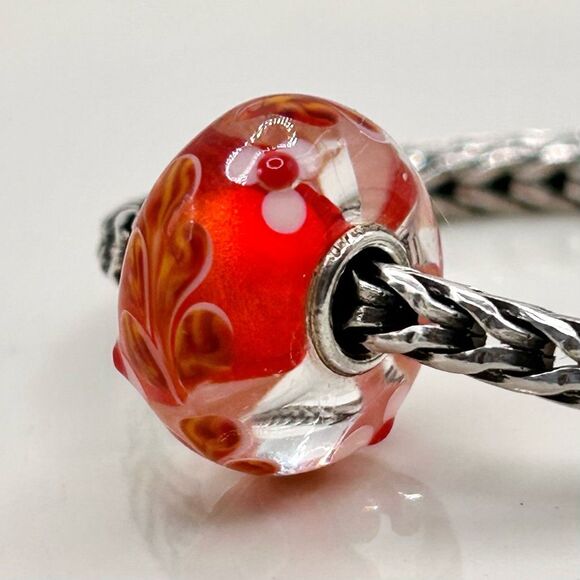 TROLLBEADS Orange Coral Red Flower Unique LAA 925S NEW! w Leaves - Picture 2 of 6